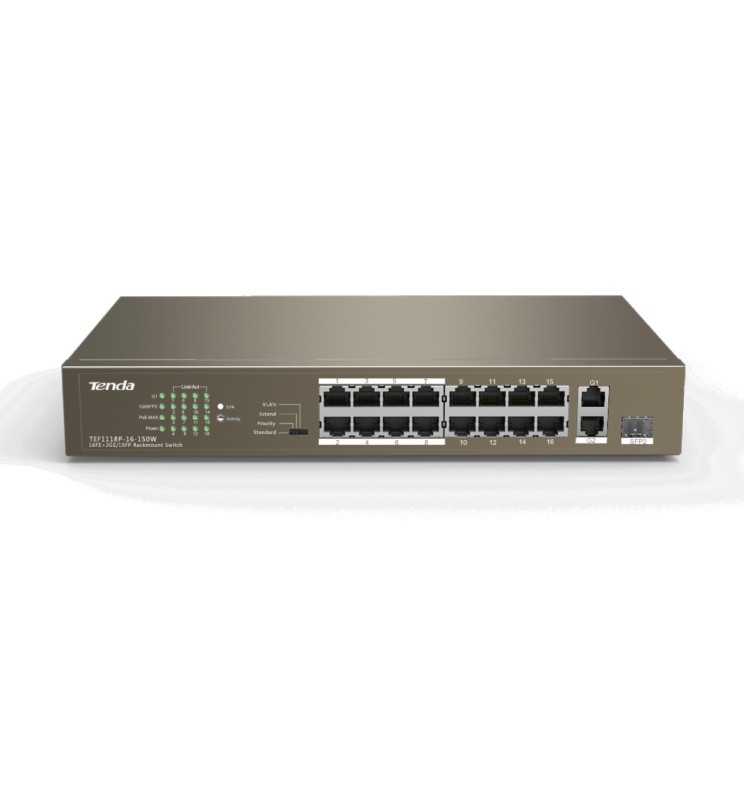 Tenda 16FE+2GE 1SFP Desktop Switch 16 Porte PoE TEF1118P-16-150W V2.0 Tenda 16FE+2GE 1SFP Desktop Switch 16 Porte PoE TEF1118P-16-150W V2.0